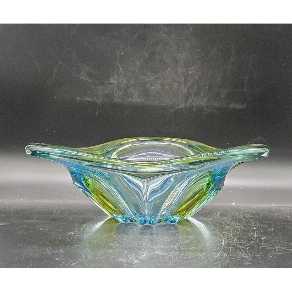 Vintage Walther Art Glass Decorative Bowl Triangle Green Blue 9